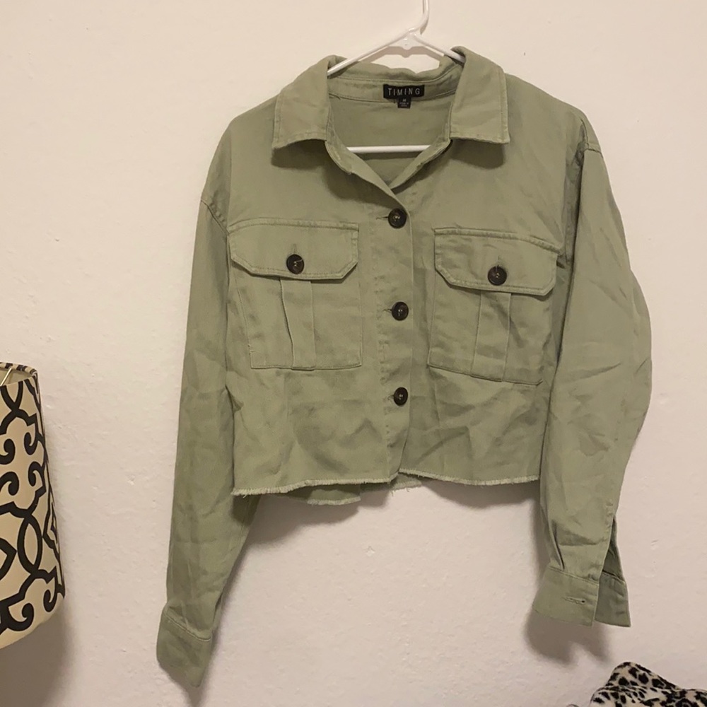 Timing Light Green Button Up Jacket With Fray Bot… - image 1